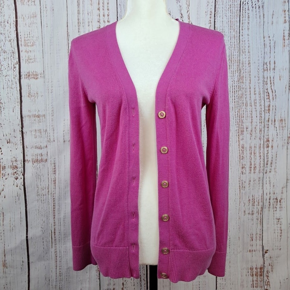 Banana Republic S Magenta Pink & Grey Striped Back V-Neck Cardigan Gold Buttons - Picture 2 of 6